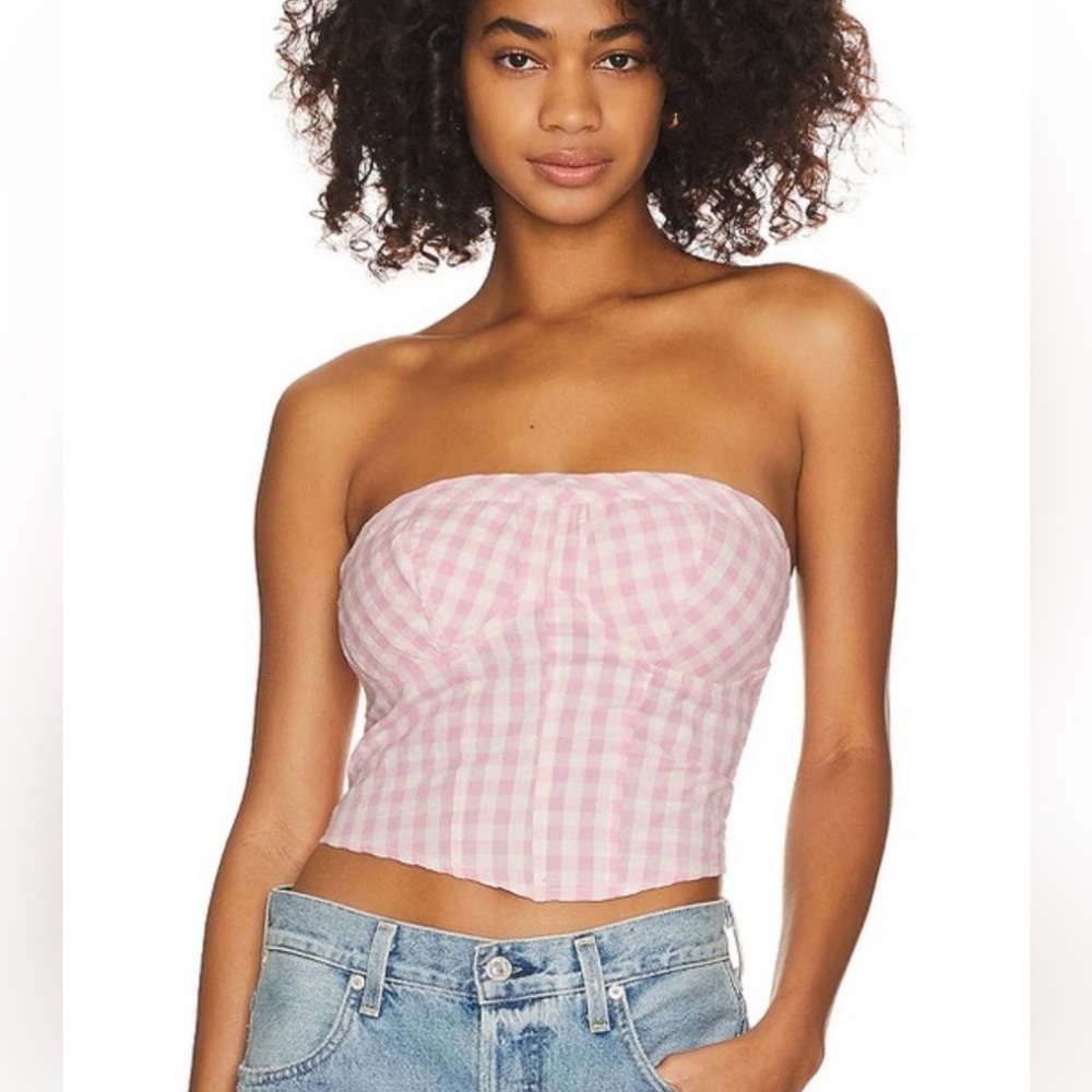 Free People Leilani Cotton Gingham Tube Top Pink/White Sz XS NWOT 💖